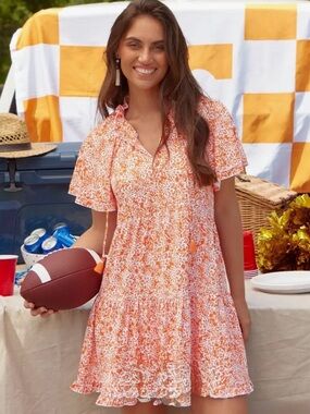 NWT Floral Orange Short Sleeve Tiered Mini Dress by cabana life. SPF 50. Medium